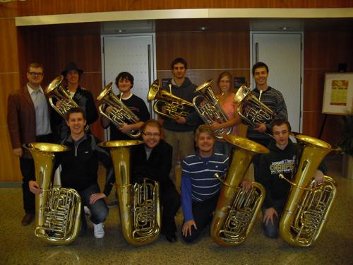 Paul Carlson, affiliate professor of music, standing left, directs the Tuba and Euphonium Studio 
