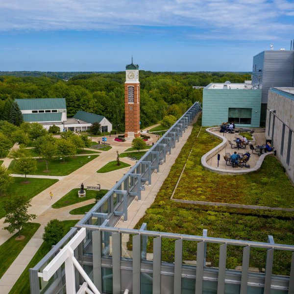 Aerial view of the Carillon Tower on the Allendale Campus.