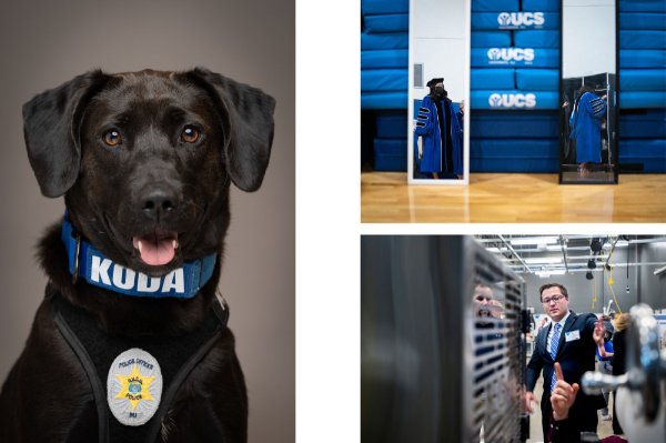 A collage: (left) a photo of a dog with "KODA" written on it's collar in front of a gray backdrop. (Top right) two people are seen wearing blue regalia in the reflection of two full body mirrors. (Bottom right) A person points at equipment in foreground