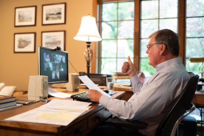 President Emeritus Thomas Haas leads a Zoom class from his home office.