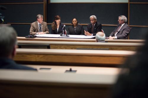 President Thomas J. Haas, GRPS board president Wendy Falb, GRPS superintendent Teresa Weatherall Neal, Covenant House executive director Sam Joseph, and Grand Rapids mayor George Heartwell announce the new Covenant House charter schools.