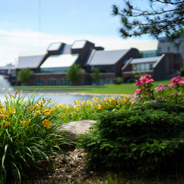 Kirkhof Center with pond, fountain in front