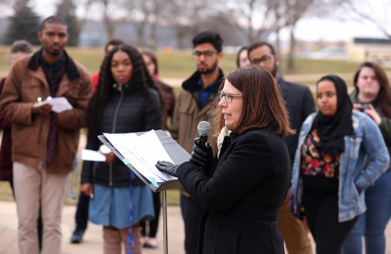 Provost Maria Cimitile speaks at a vigil to remember the victims of the terrorist attack at two New Zealand mosques.