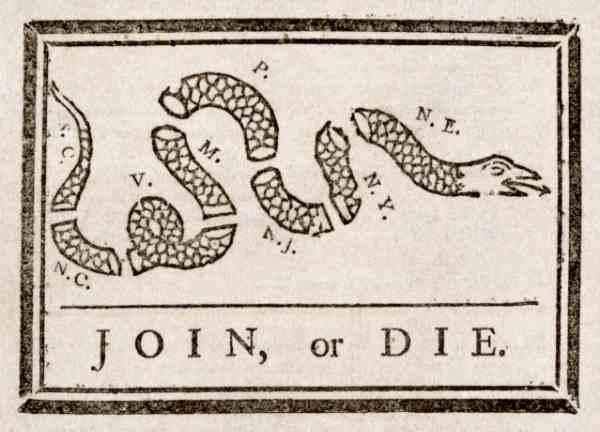 Join, or Die illustration by Benjamin Franklin