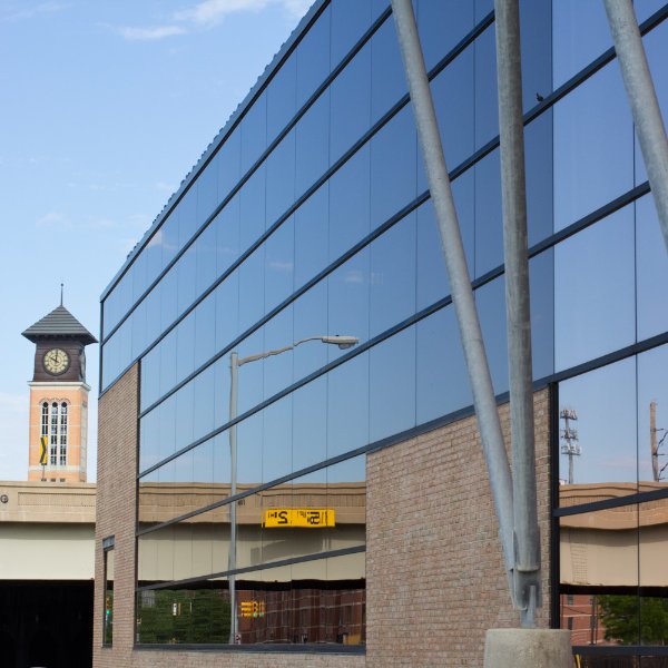 windows on the Keller Engineering Labs building, clock tower in background