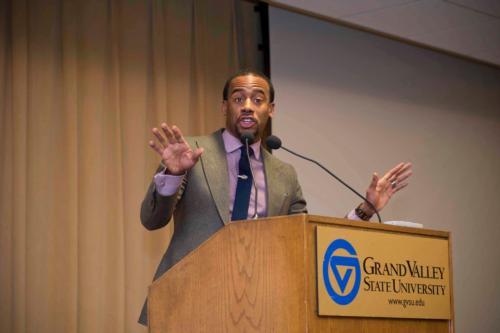 Jeff Johnson gives an address in the Kirkhof Center