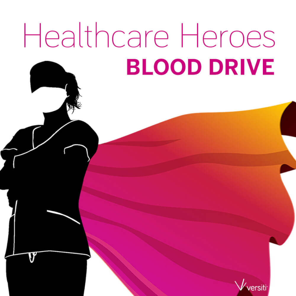 promotional image for blood drive showing masked health care worker with cape