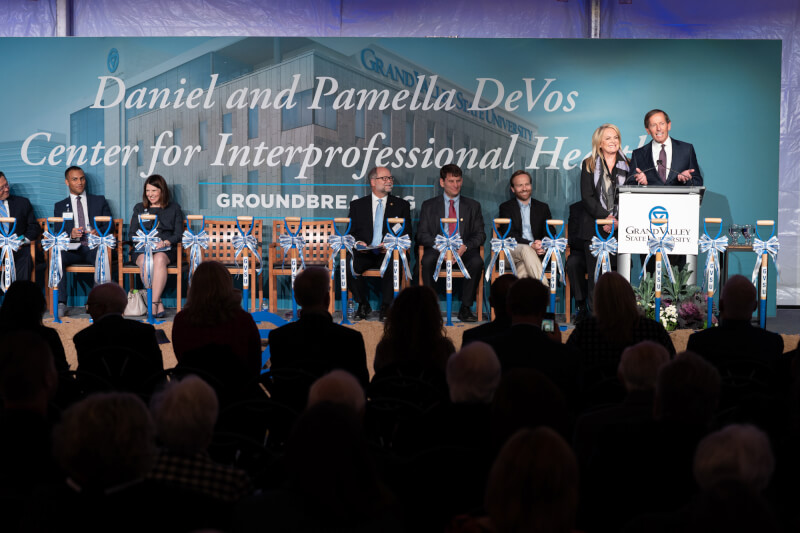More than 300 people attended a groundbreaking ceremony October 23 for the Daniel and Pamella DeVos Center for Interprofessional Health on Grand Valley State University's expanding Health Campus in downtown Grand Rapids.