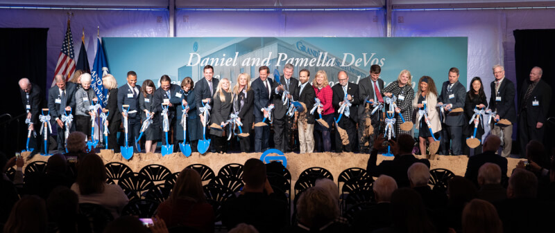 More than 300 people attended a groundbreaking ceremony October 23 for the Daniel and Pamella DeVos Center for Interprofessional Health on Grand Valley State University's expanding Health Campus in downtown Grand Rapids.