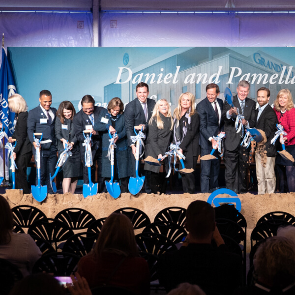 More than 300 people attended a groundbreaking ceremony October 23 for the Daniel and Pamella DeVos Center for Interprofessional Health on Grand Valley State University's expanding Health Campus in downtown Grand Rapids.