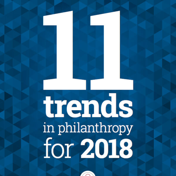 The cover page of a report from the Johnson Center which says "11 Trends in philanthropy for 2018"