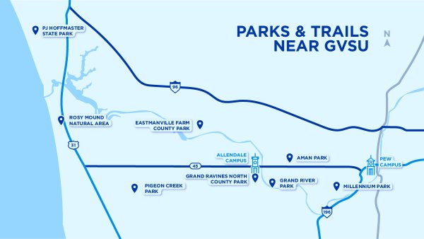 A blue map of Parks and Trails near GVSU's Allendale and Pew Grand Rapids Campuses
