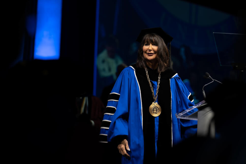 President Philomena V. Mantella addresses the crowd at her investiture ceremony.