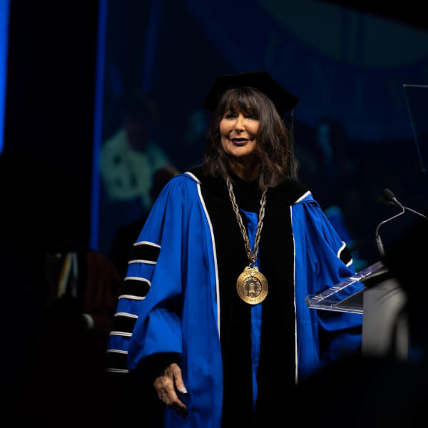 President Philomena V. Mantella addresses the crowd at her investiture ceremony.