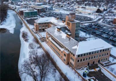 Aerial winter view of the L. William Seidman Center and the surrounding Pew Grand Rapids Campus