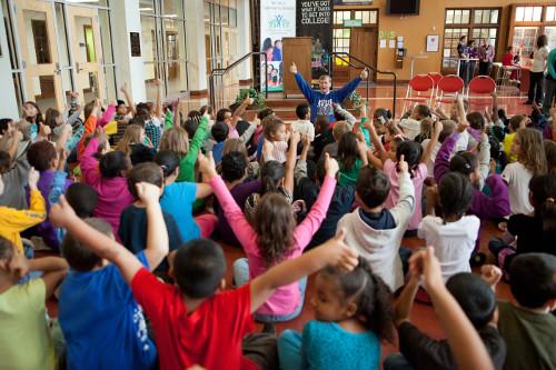 President Haas visits students at Harrison Park Elementary School, a school participating in the Challenge Scholars program.
