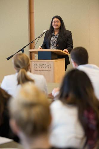 Allison Swets speaks at the Health Career Pipeline program.