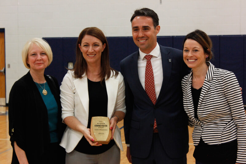 From left are College of Education affiliate faculty member Cindy Shinsky, Grand River Preparatory High School principal Koree Woodward, Associate Vice President for Charter Schools Rob Kimball, and Charter Schools Office staff member Alissa Thelen.