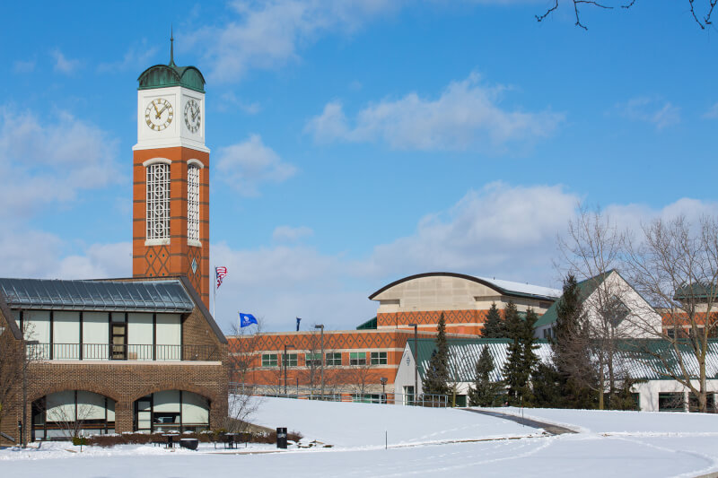 campus winter scene, looking at Kirkhof Center