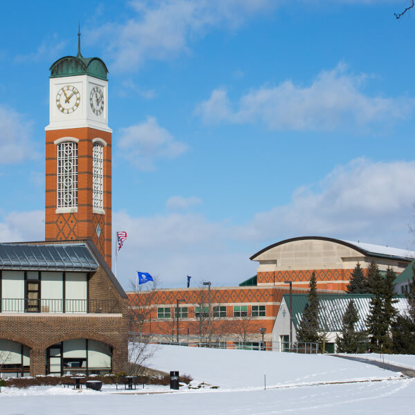 campus winter scene, looking at Kirkhof Center
