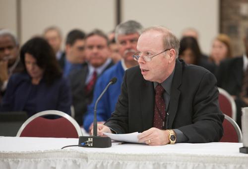 Roy Olsson, dean of the College of Health Professions, discusses the master�'s of public health program during the Board of Trustees meeting.