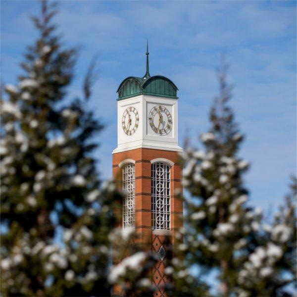 The Cook Carillon Tower surrounded by snow-covered trees.