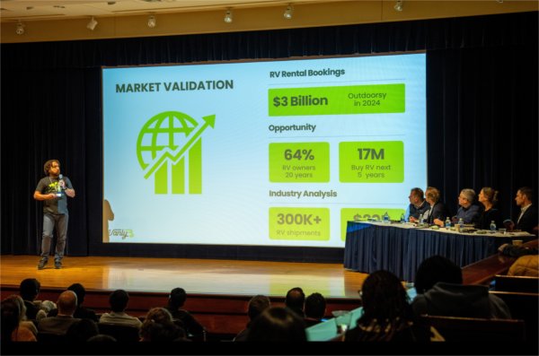 A man speaks to a panel of judges discussing his startup company as part of a pitch competition.
