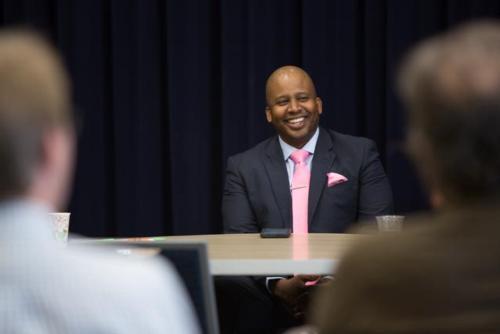 Photos by Jess Weal  //  Todd Robinson answers questions during a presentation March 25 at the Mary Idema Pew Library.