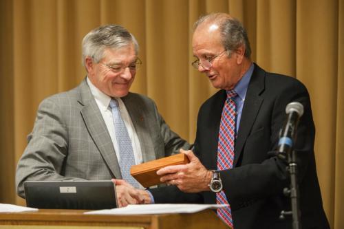 Grand Rapids Mayor George Heartwell, left, received the Legacy Award at the Sustainability Champions Awards Breakfast April 10.