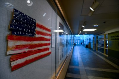 A painted wood art rendering of the American flag by Willian Henry Edgerton hangs in the Lake Ontario Wall Gallery as part of the Becoming America: Our Past, Present, and Future at 250 exhibit.