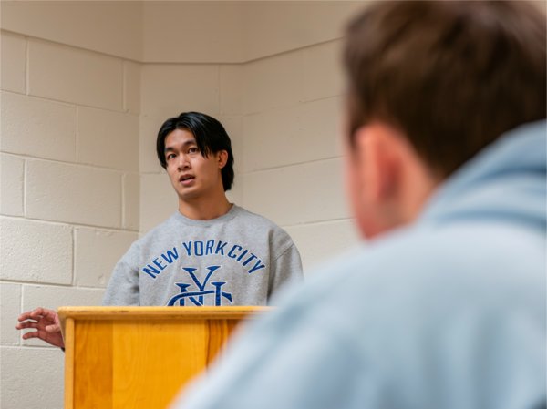 Communications studies major James Almeda, left, and mathematics major Troy Conlay take part in a GVSU Speech and Debate Team practice at Lake Michigan Hall on February 4.