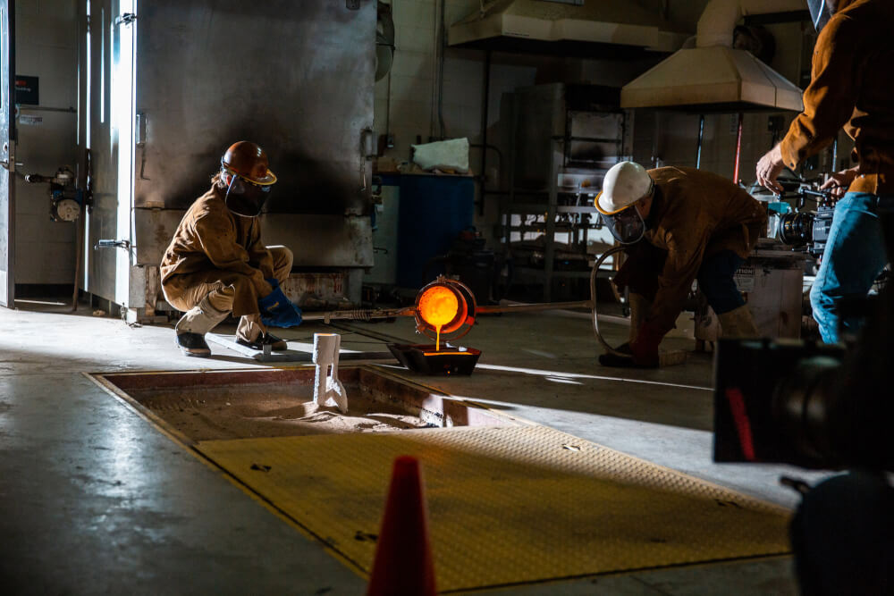A production company shoots scenes from the foundry for the Department of Visual and Media Arts.