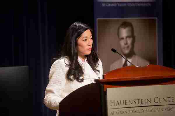 Hauenstein Center Executive Director Megan Rydecki introduces guest at start of Hauenstein Center event.