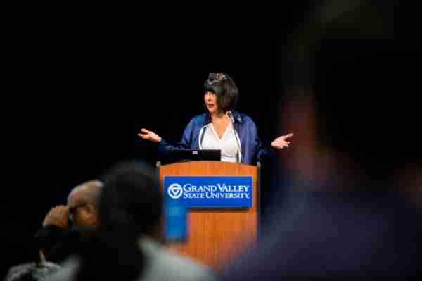 President Philomena V. Mantella addresses the audience during the TRIO academic achievement ceremony that was held on GVSU&rsquo;s Allendale Campus April 15.
