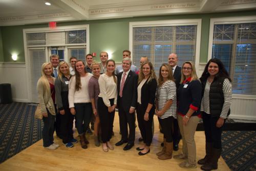 NCAA President Mark Emmert stands with Laker student athletes, President Thomas J. Haas and Athletic Director Tim Selgo.