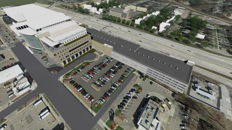 A rendering of the Cook-DeVos Center for Health Sciences, 333 Michigan, and the parking ramp.