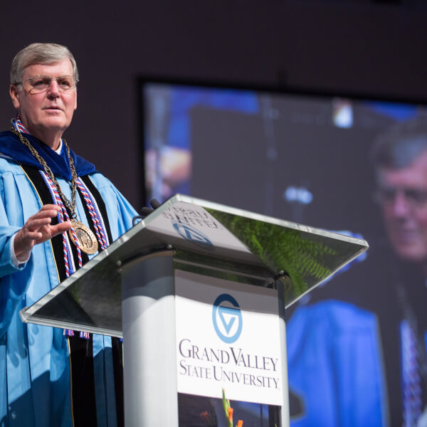 President Haas at convocation, speaking at podium