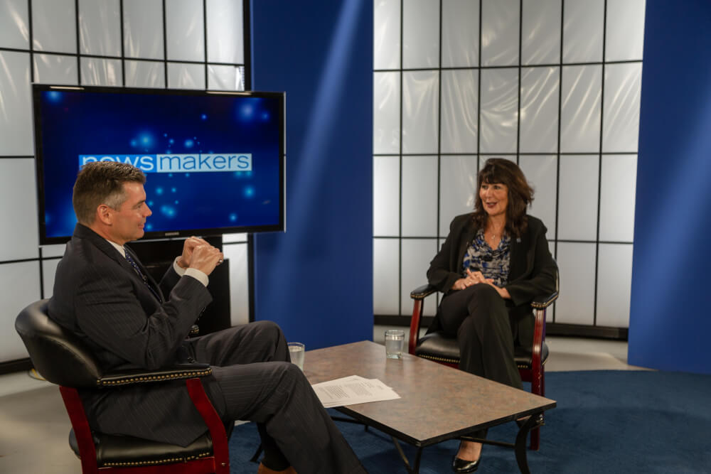 Photo of Patrick Center and President Mantella in the WGVU television studio.