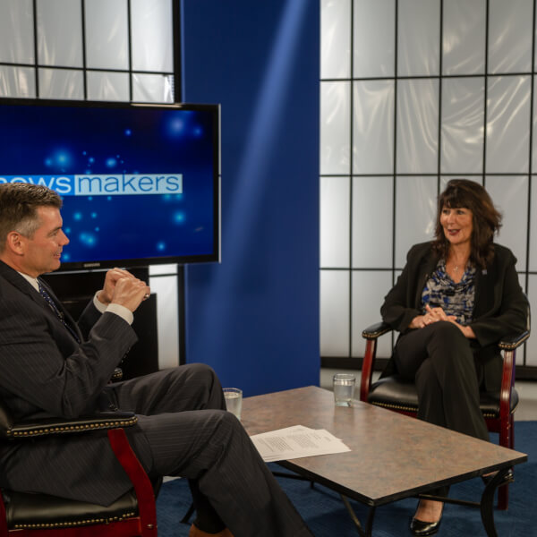 Photo of Patrick Center and President Mantella in the WGVU television studio.