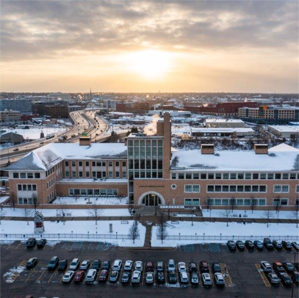 Photo taken by drone of Seidman Center's main entrance and exterior