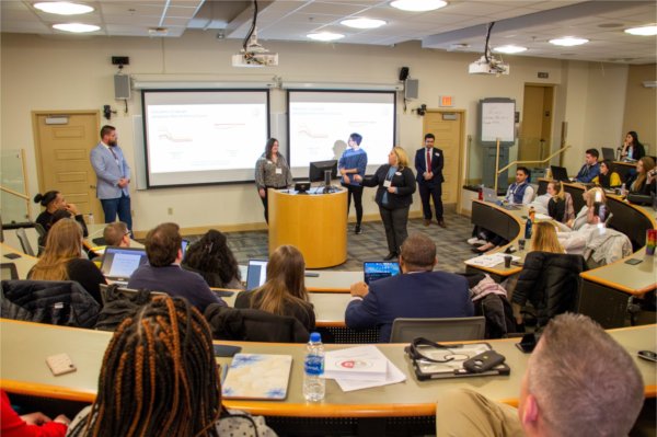Students deliver their final presentation during the 2020 NASPAA Simulation Competition at the University of Albany.