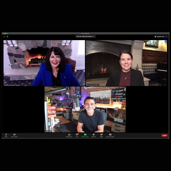 Zoom meeting screenshot of President Mantella, Provost Maria Cimitile and Jamie Casap.