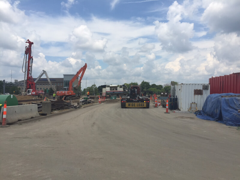 Construction of a six-level parking deck is underway on Michigan Street in downtown Grand Rapids.