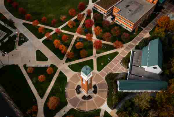 An aerial image of the Allendale Campus in fall