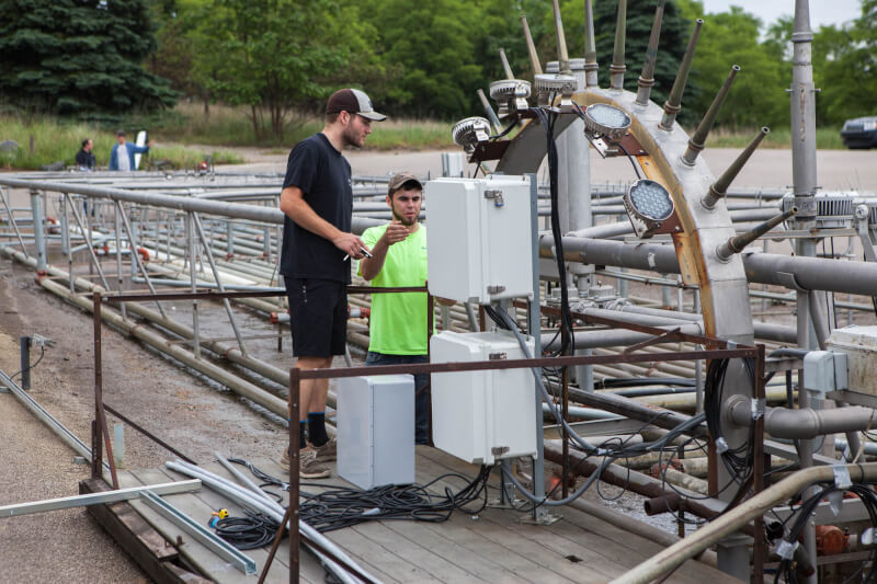 Students work on the fountain. 