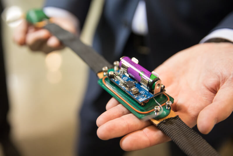 A photo of a tracking device built for researchers who study wildlife.