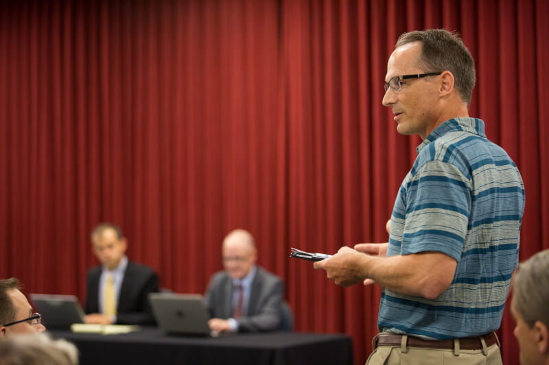 Matt Boelkins, professor of mathematics, comments during an open forum about Grand Valley's next provost.