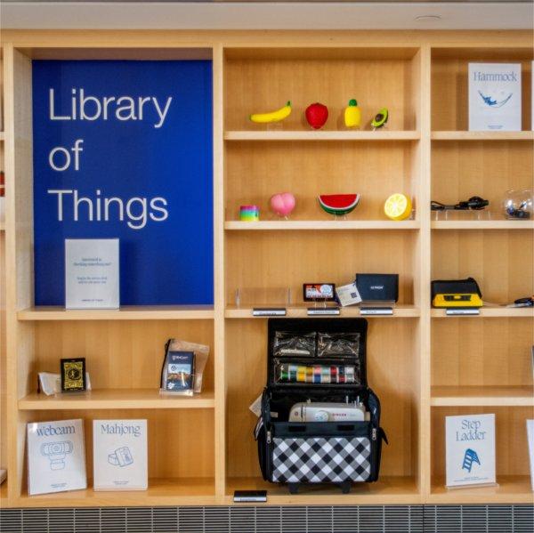A wall of wooden shelves full of items including a sewing machine, tool box and miniature anatomically correct skeletons. A blue sign reads �Library of Things�.
