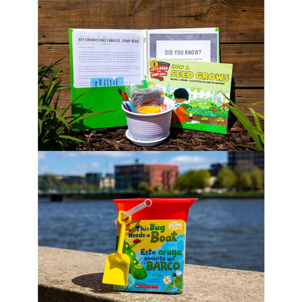 Examples of learning kits sent to children, including a book, shovel, pail.