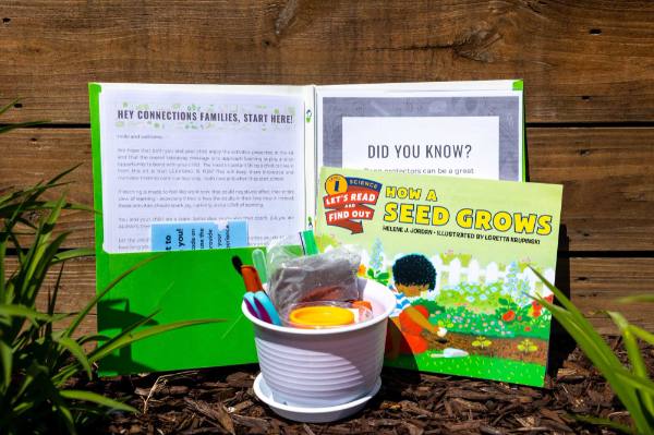 The kit that was sent to 4-year-olds, with a book, gardening materials and instructions